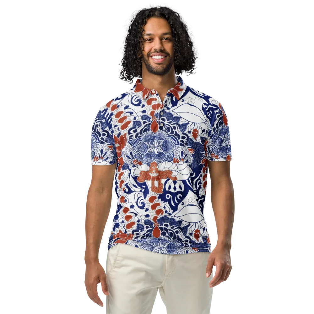 Indigo Garden Cipher on Men's Slim Fit Polo Shirt — Front