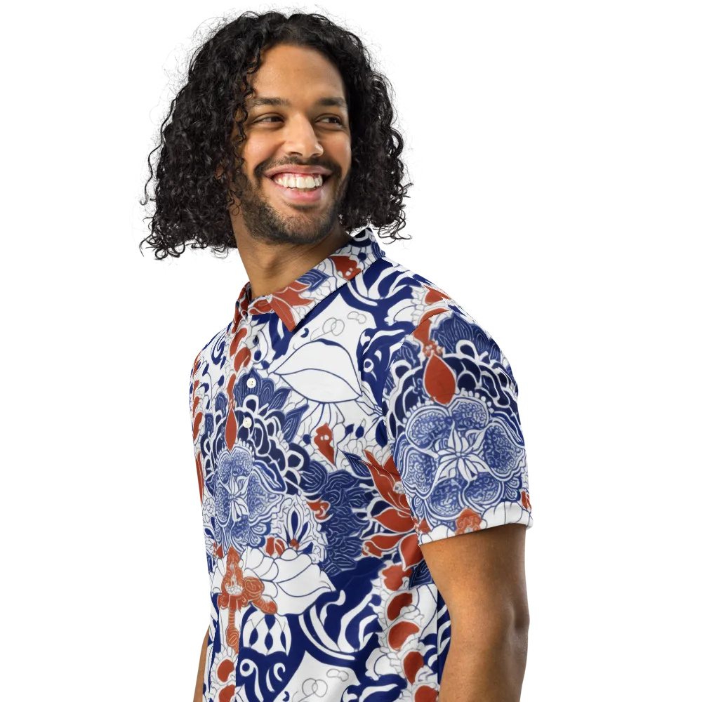 Indigo Garden Cipher on Men's Slim Fit Polo Shirt — Left Front
