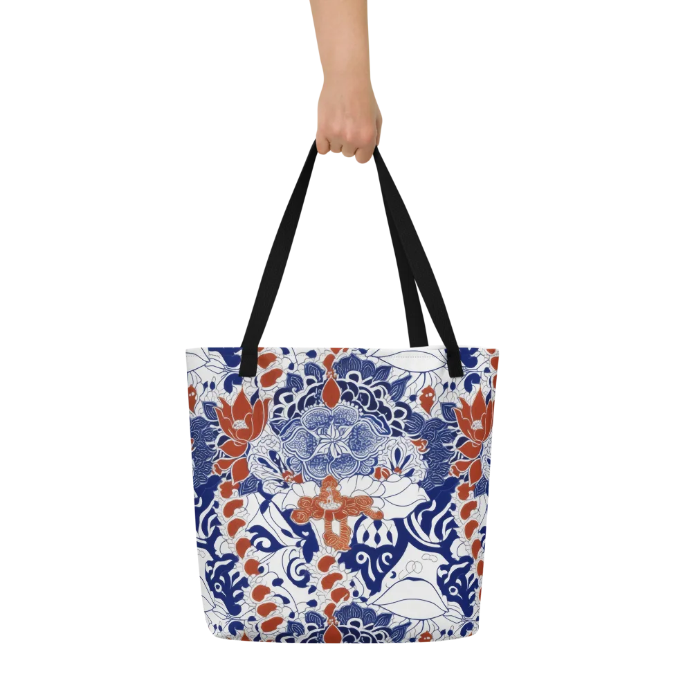Indigo Garden Cipher on Large Tote Bag W/ Pocket — Front