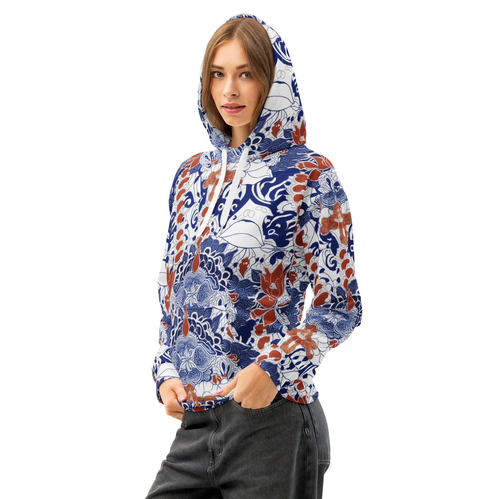 Indigo Garden Cipher on Cotton Hoodie — Left Front
