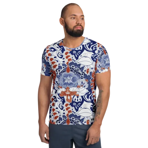 Indigo Garden Cipher on a Men's Athletic T-Shirt