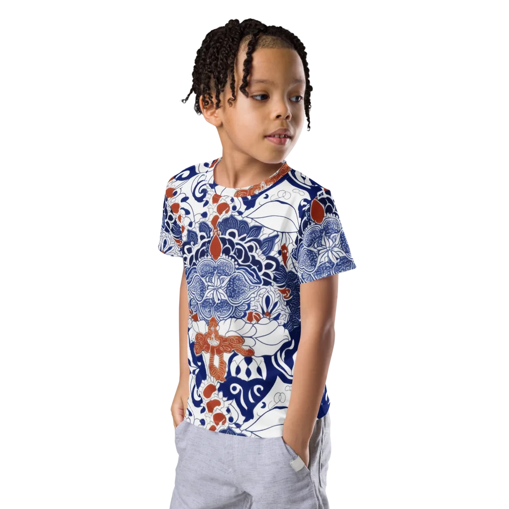 Indigo Garden Cipher on Kids Crew Neck T-Shirt — Left Front