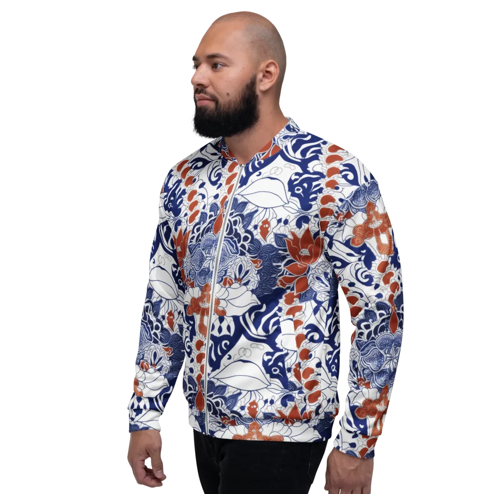 Indigo Garden Cipher on Bomber Jacket — Left