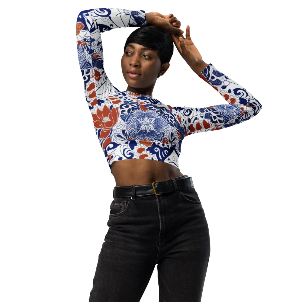 Indigo Garden Cipher on Long Sleeve Crop Top — Front