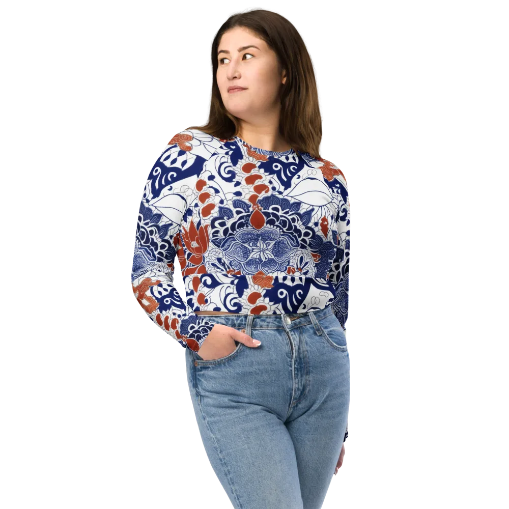 Indigo Garden Cipher on Long Sleeve Crop Top — Front