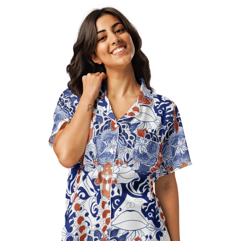 Indigo Garden Cipher on Women's Short Sleeve Pajama Top — Front