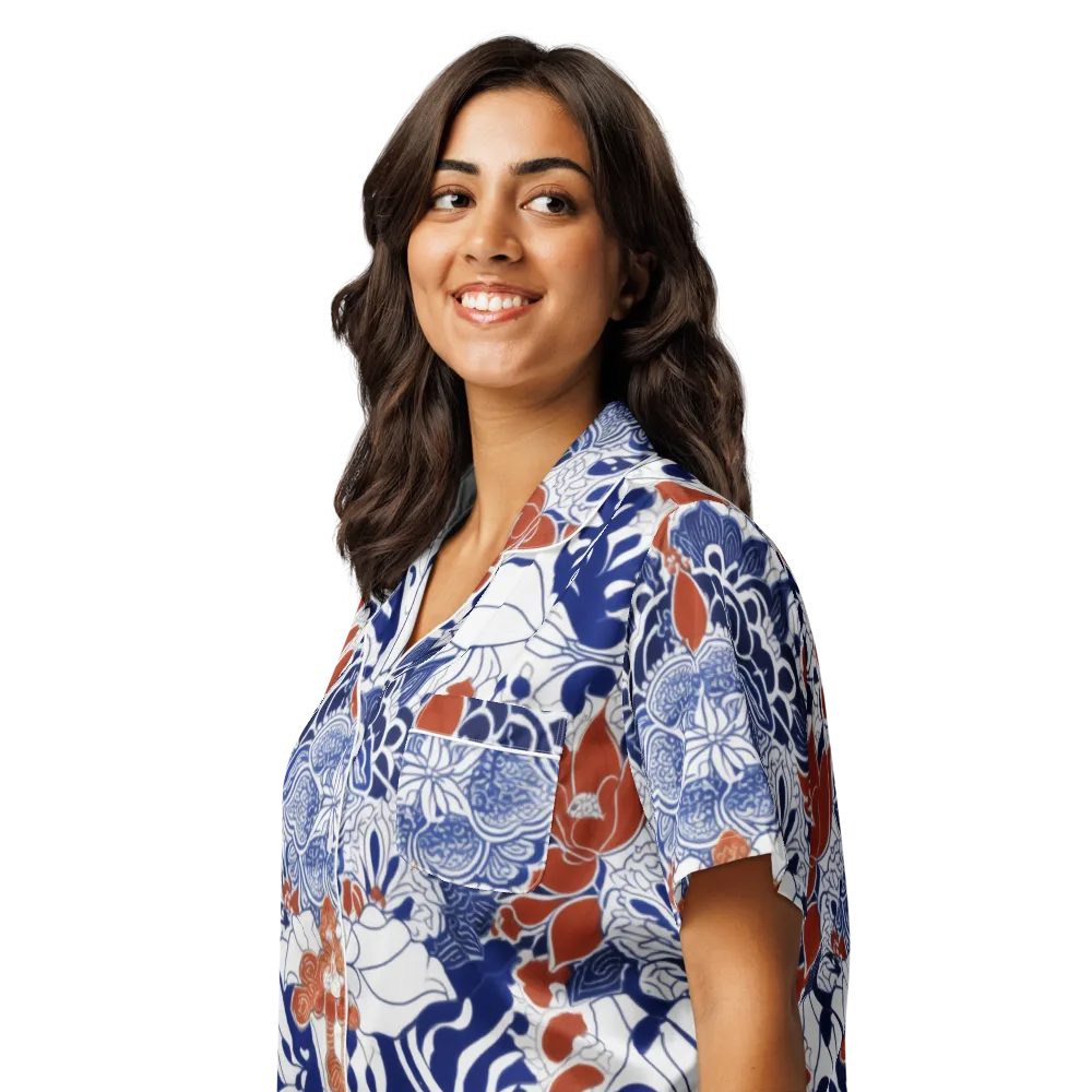 Indigo Garden Cipher on Women's Short Sleeve Pajama Top — Left Front