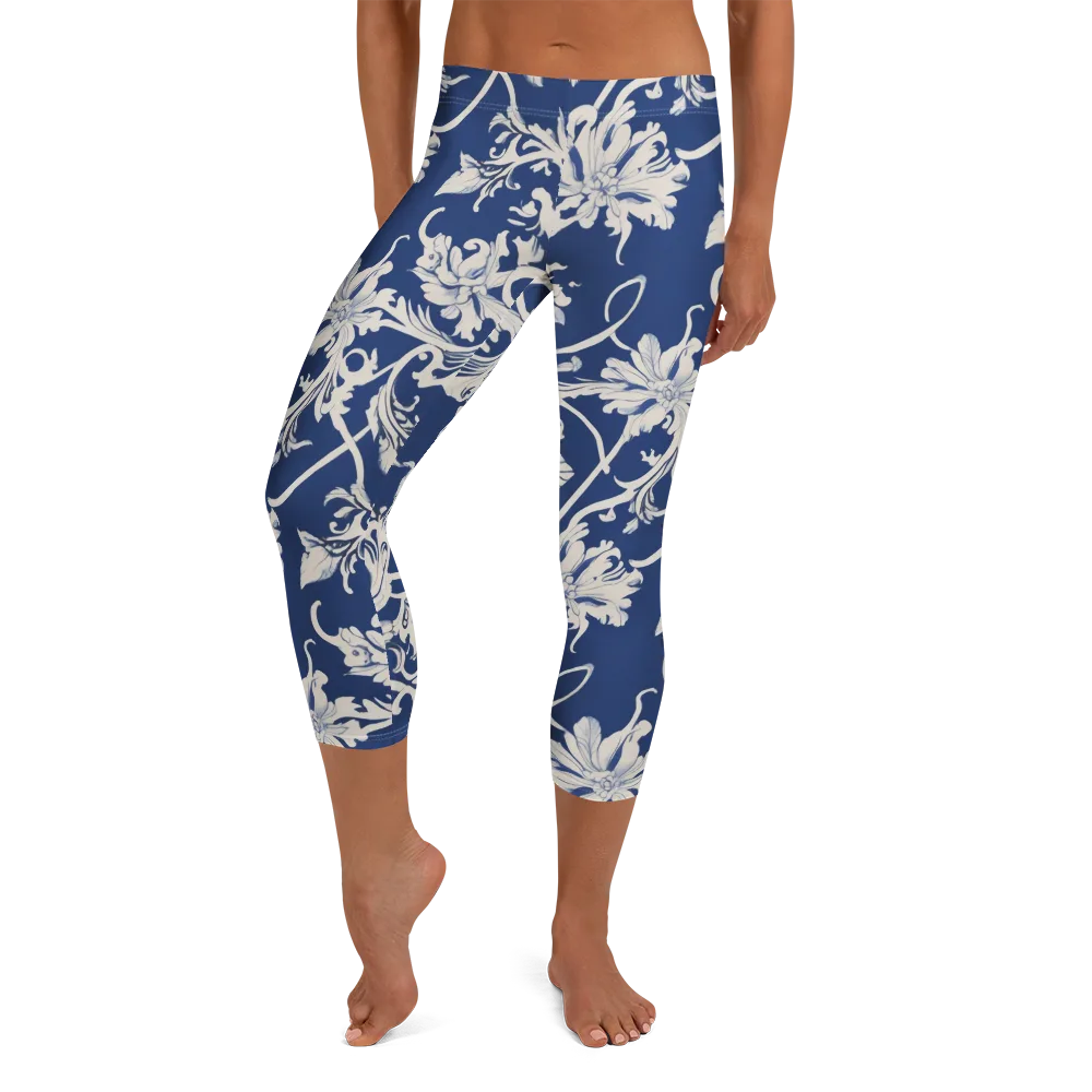 Blue Garden Scroll on Capri Leggings — Front