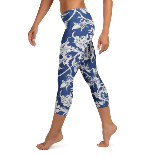 Blue Garden Scroll on a Capri Leggings