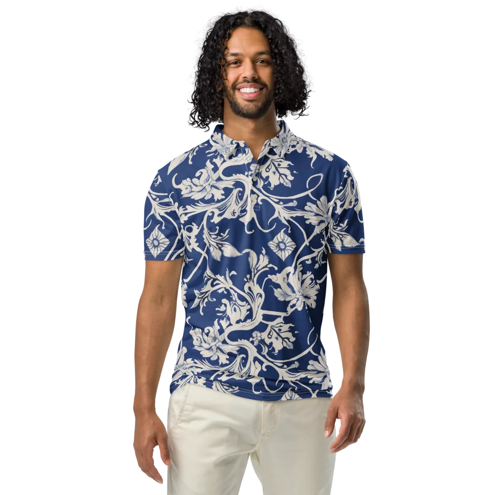 Blue Garden Scroll on Men's Slim Fit Polo Shirt — Front