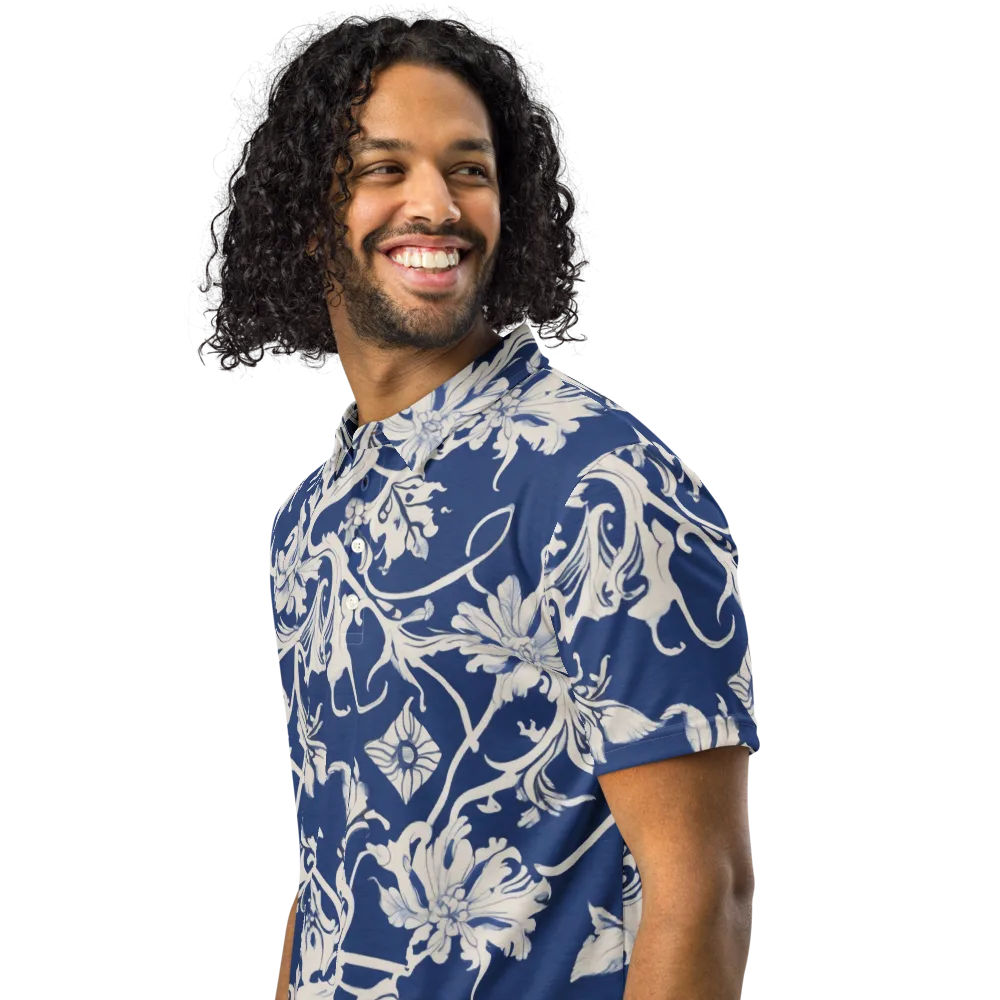 Blue Garden Scroll on Men's Slim Fit Polo Shirt — Left Front