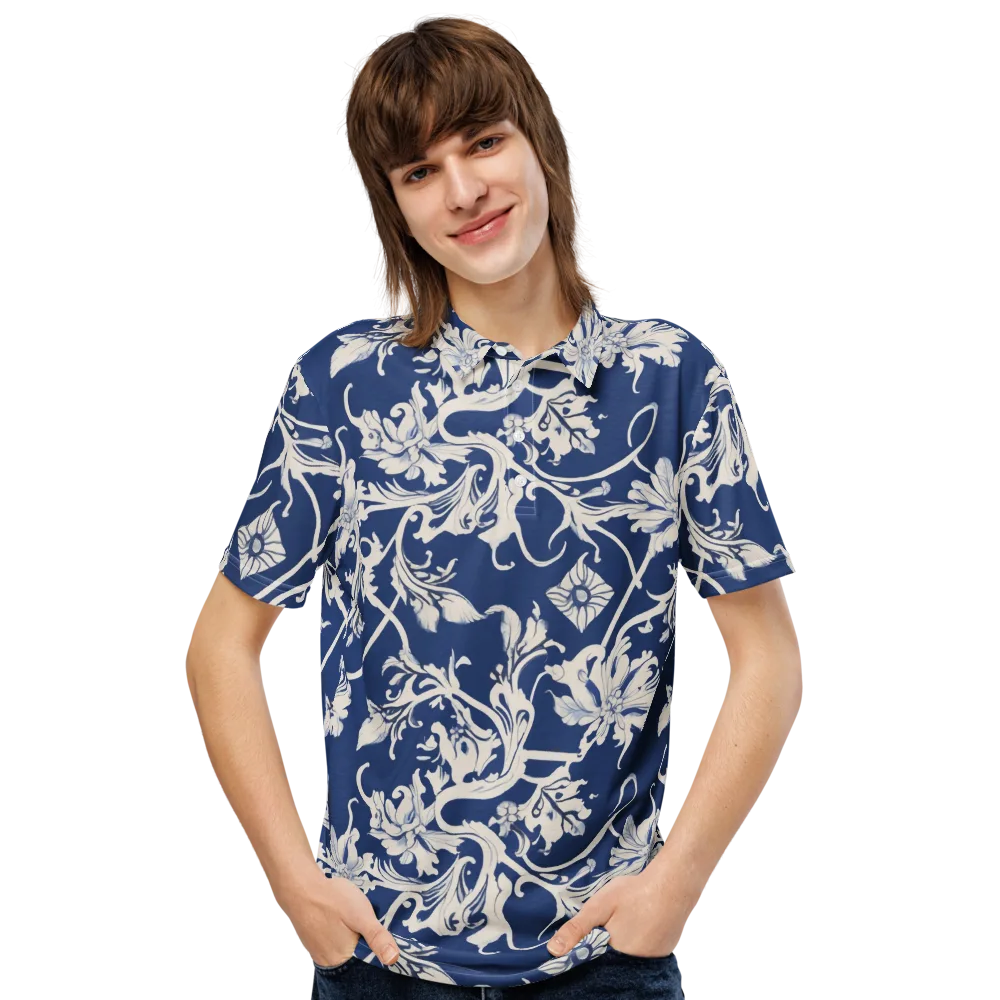 Blue Garden Scroll on Men's Slim Fit Polo Shirt — Front