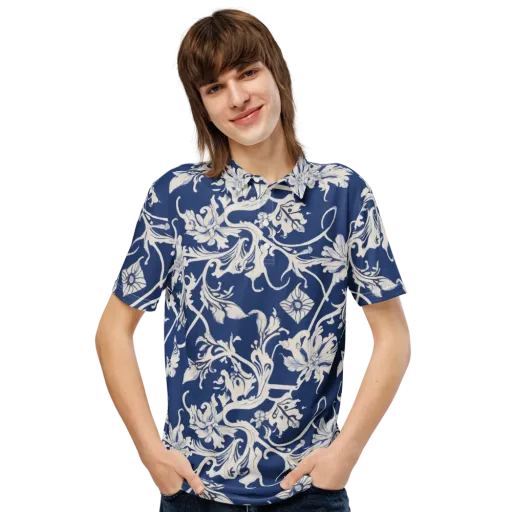 Blue Garden Scroll on a Men's Slim Fit Polo Shirt