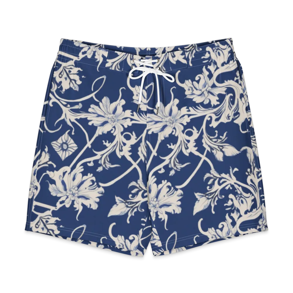 Blue Garden Scroll on Men's Board Shorts — Front
