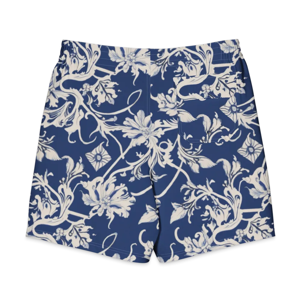 Blue Garden Scroll on Men's Board Shorts — Back