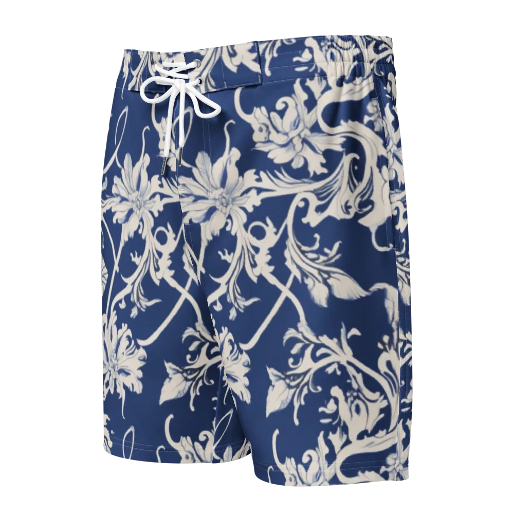 Blue Garden Scroll on Men's Board Shorts — Front
