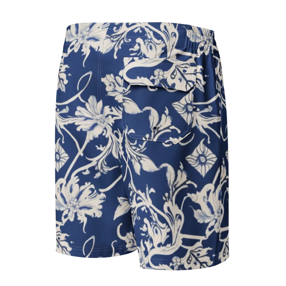 Blue Garden Scroll on Men's Board Shorts — Back