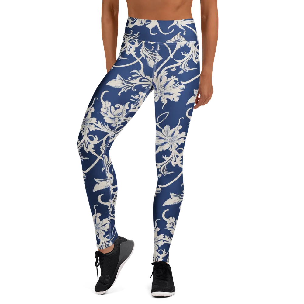 Blue Garden Scroll on Yoga Leggings — Front