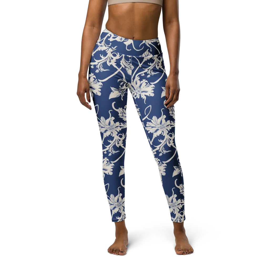 Blue Garden Scroll on Yoga Leggings — Front