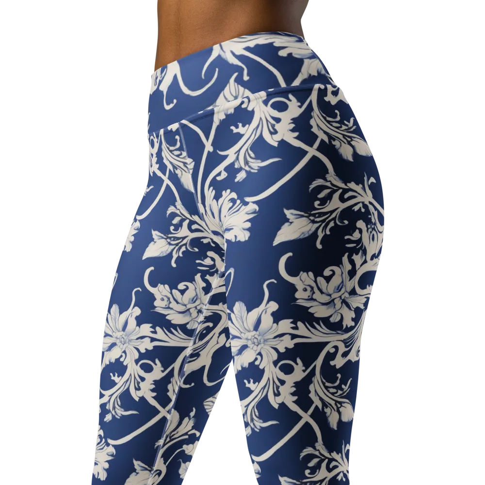 Blue Garden Scroll on Yoga Leggings — Left Front