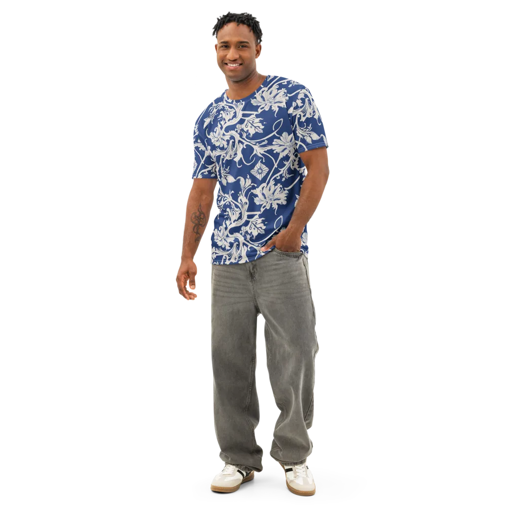 Blue Garden Scroll on Men's Cotton Crew Neck T-Shirt — Front