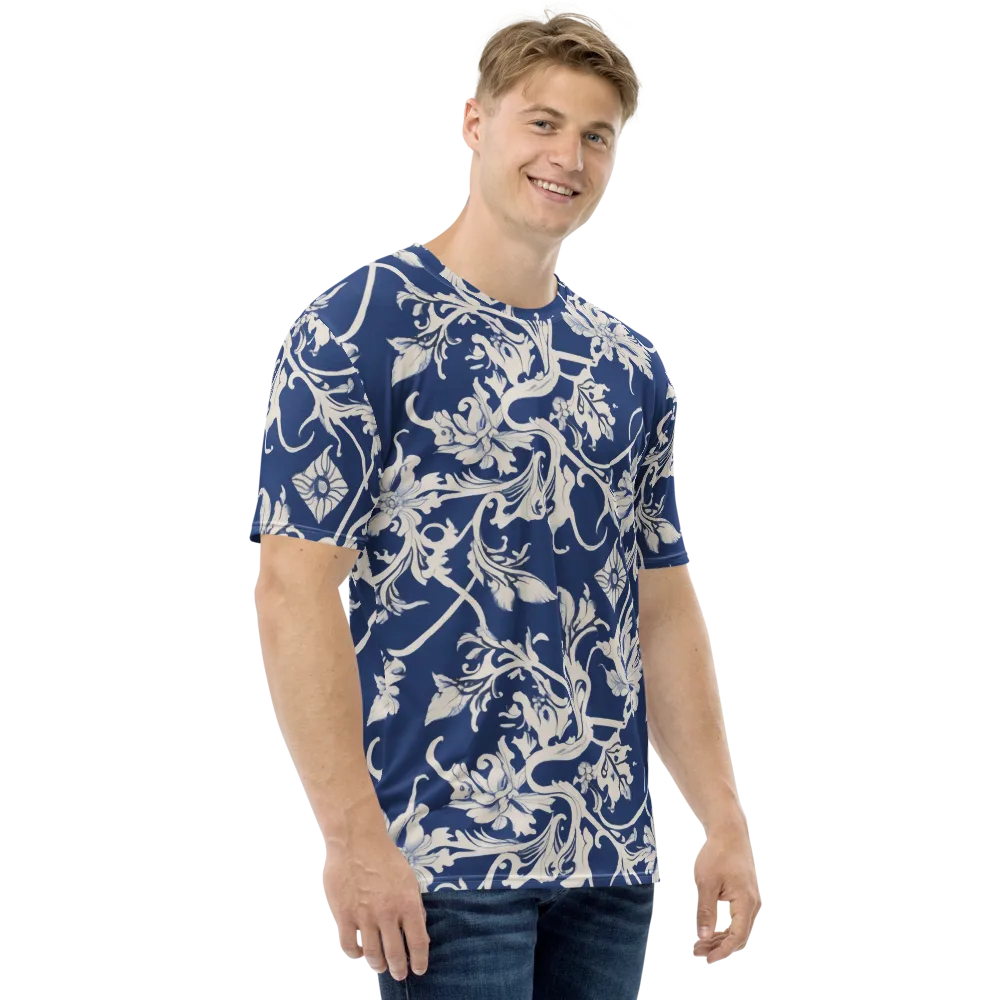 Blue Garden Scroll on Men's Crew Neck T-Shirt — Right