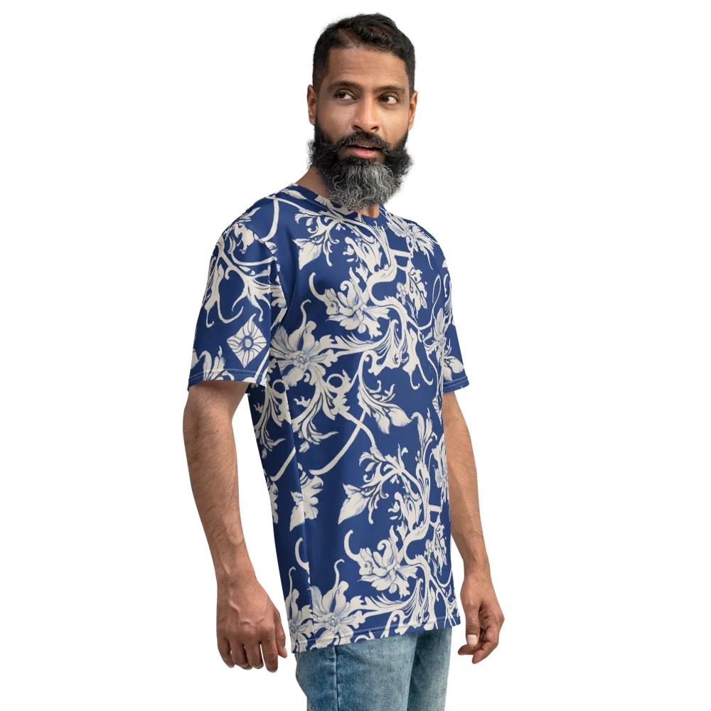 Blue Garden Scroll on Men's Crew Neck T-Shirt — Right