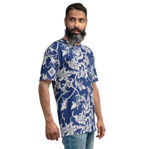 Blue Garden Scroll on a Men's Crew Neck T-Shirt
