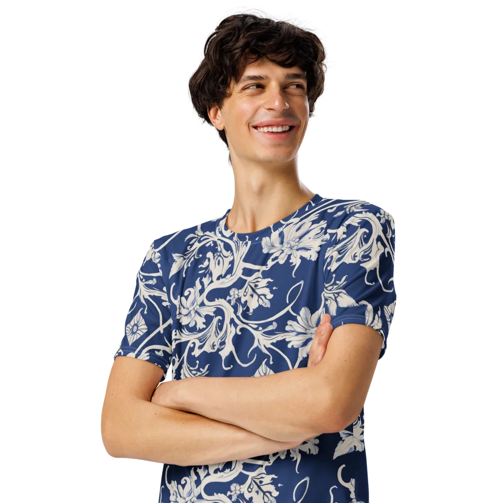 Blue Garden Scroll on Men's Crew Neck T-Shirt — Left Front
