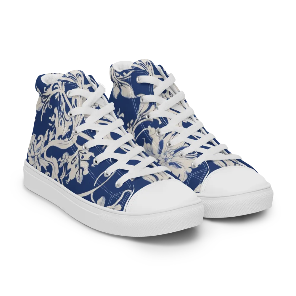 Blue Garden Scroll on Men's High Top Canvas Shoes — Right Front