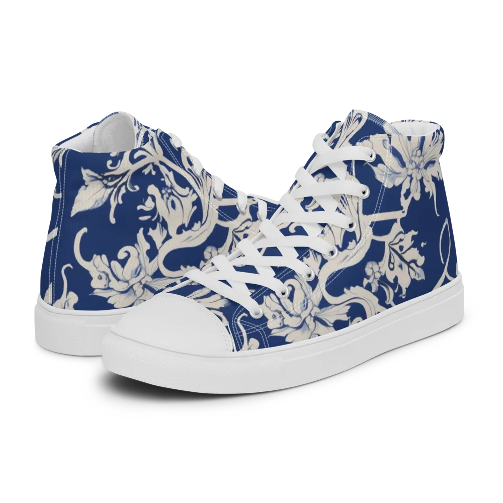 Blue Garden Scroll on Men's High Top Canvas Shoes — Left