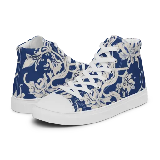 Blue Garden Scroll on a Men's High Top Canvas Shoes