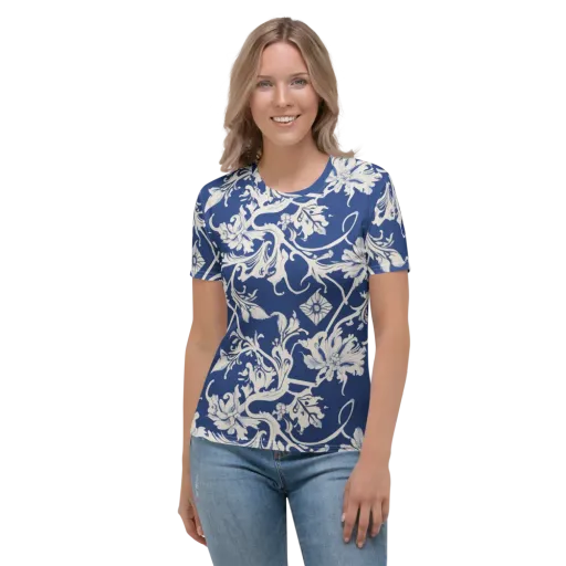 Blue Garden Scroll on a Women's Crew Neck T-Shirt