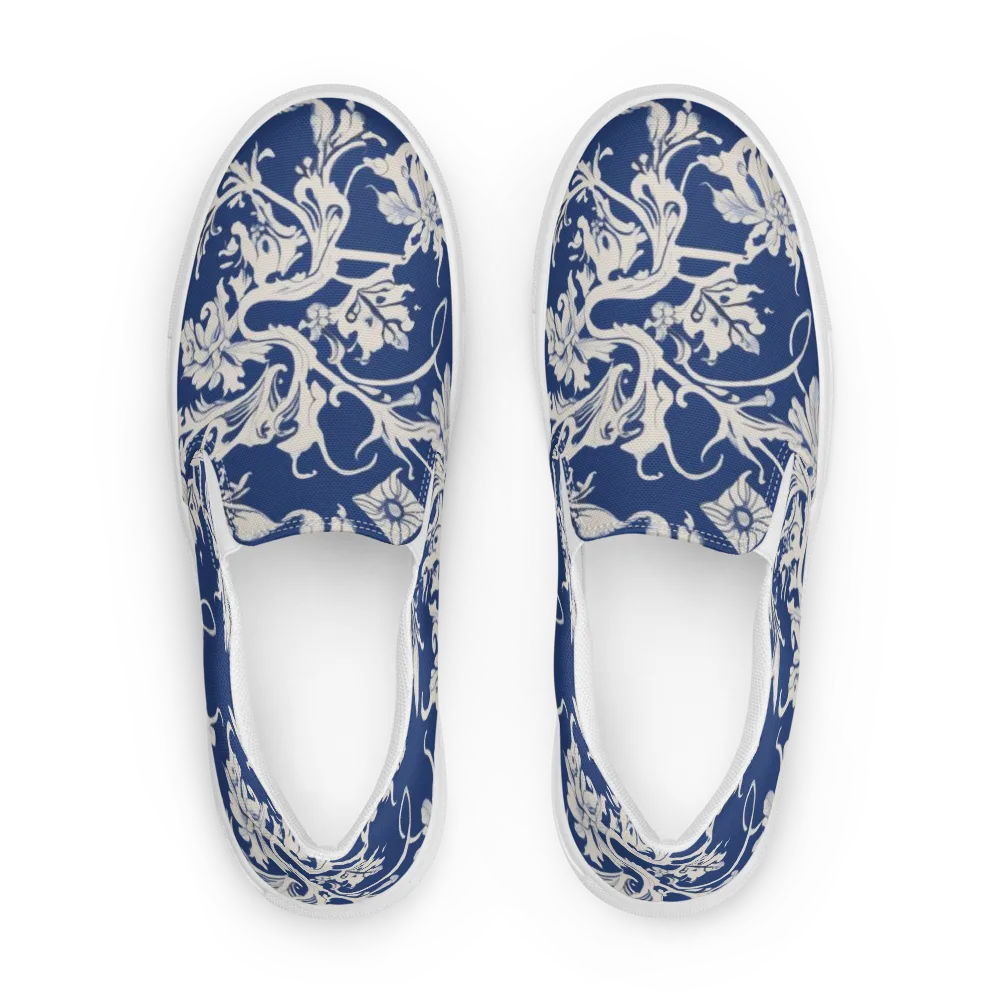 Blue Garden Scroll on Men's Slip-On Canvas Shoes — Front