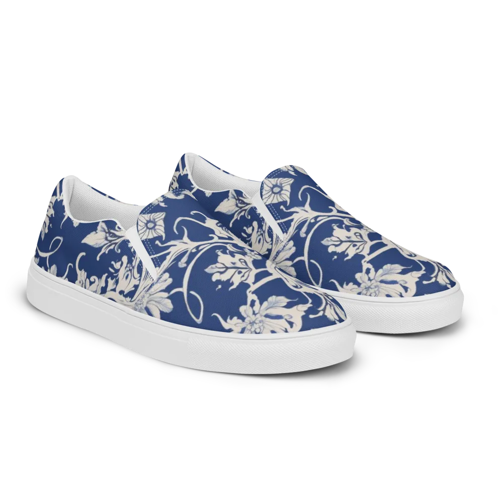Blue Garden Scroll on Men's Slip-On Canvas Shoes — Right Front