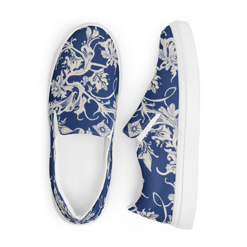 Blue Garden Scroll on Men's Slip-On Canvas Shoes — Front
