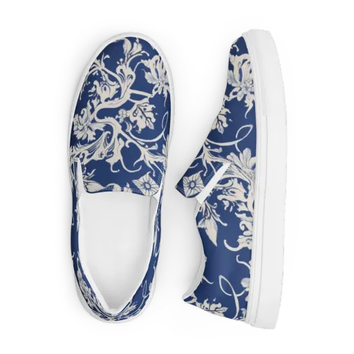 Blue Garden Scroll on a Men's Slip-On Canvas Shoes