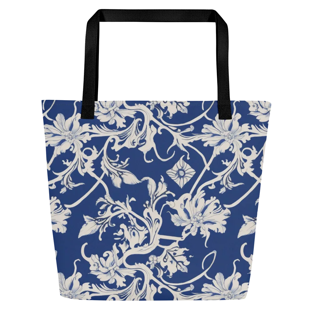 Blue Garden Scroll on Large Tote Bag W/ Pocket — Front