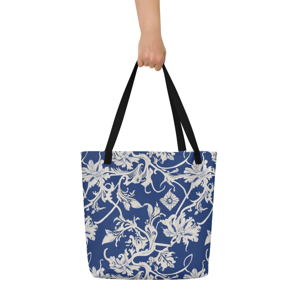 Blue Garden Scroll on Large Tote Bag W/ Pocket — Front