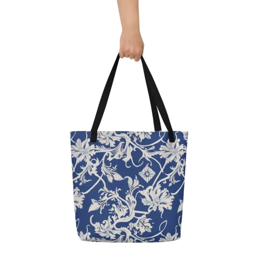 Blue Garden Scroll on a Large Tote Bag W/ Pocket