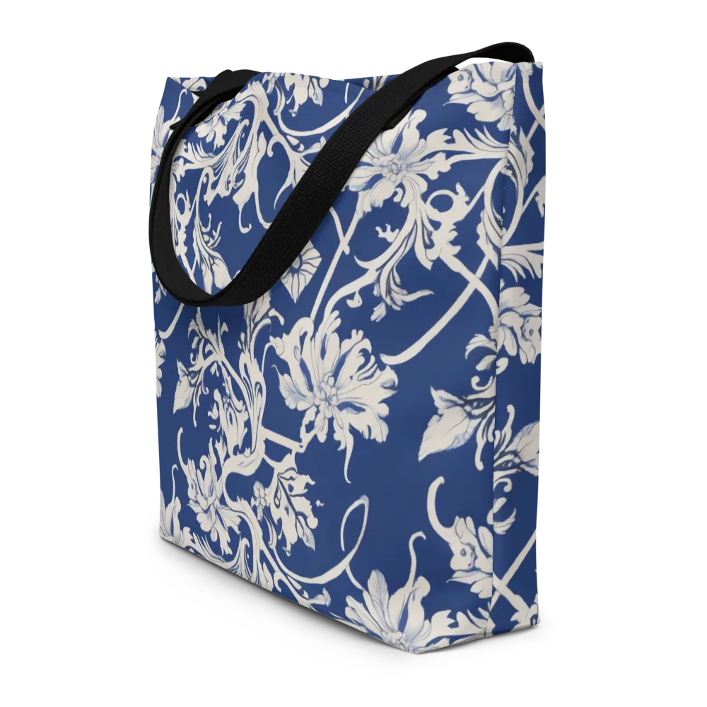 Blue Garden Scroll on Large Tote Bag W/ Pocket — Front