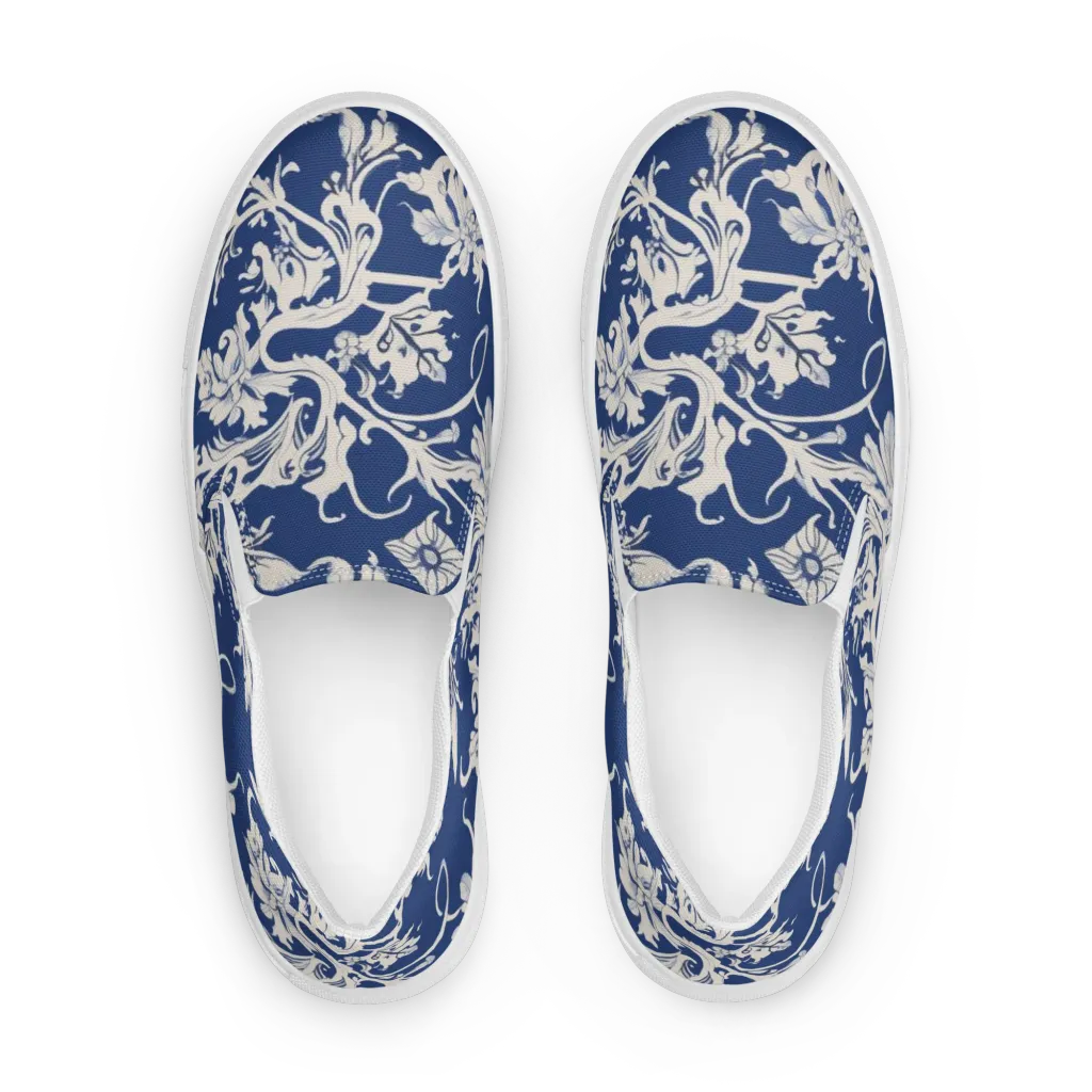 Blue Garden Scroll on Women's Slip-On Canvas Shoes — Front