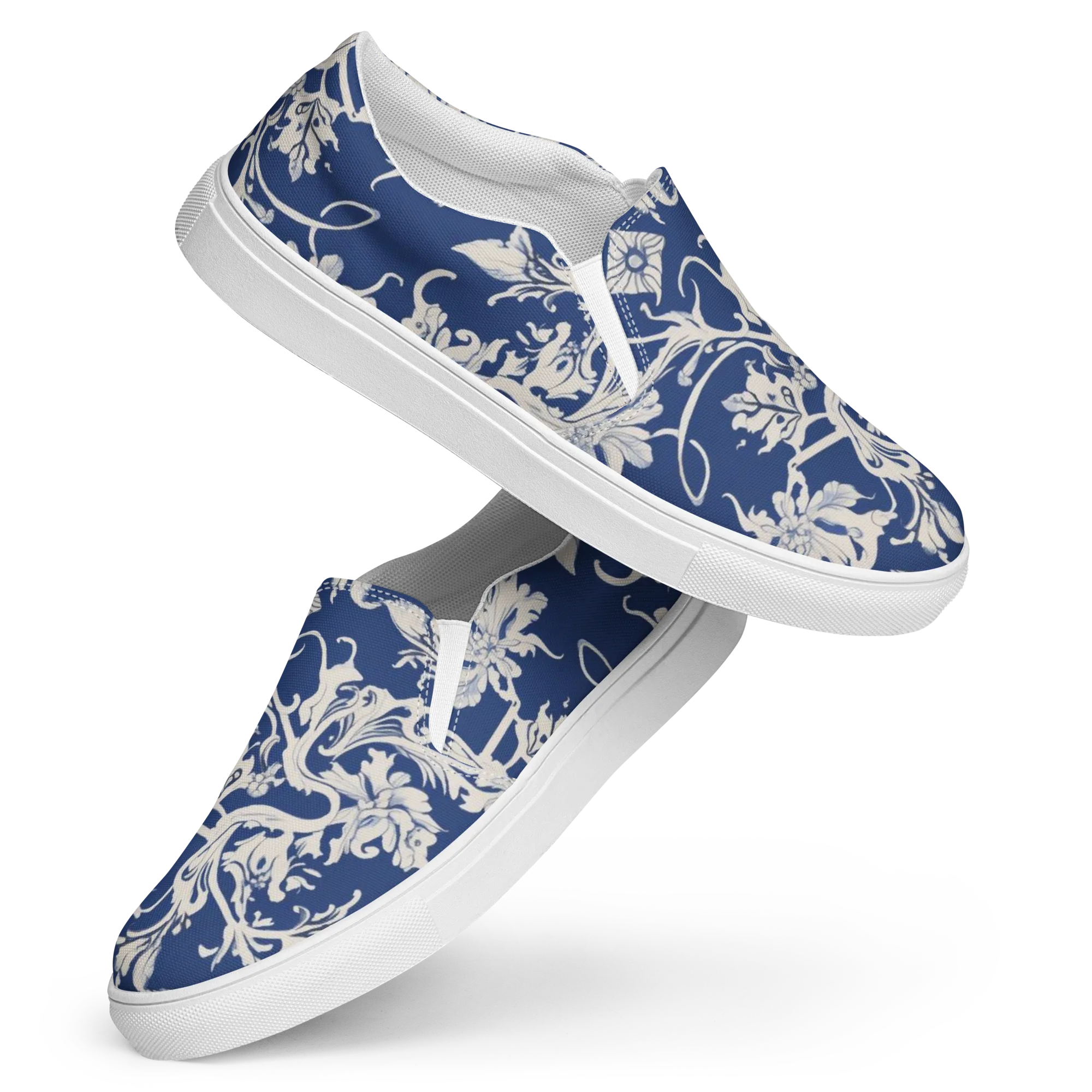 Blue Garden Scroll on Women's Slip-On Canvas Shoes — Front