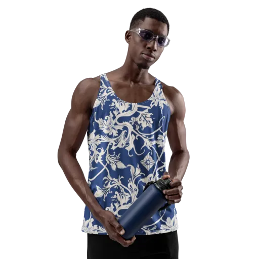 Blue Garden Scroll on a Men's Tank Top