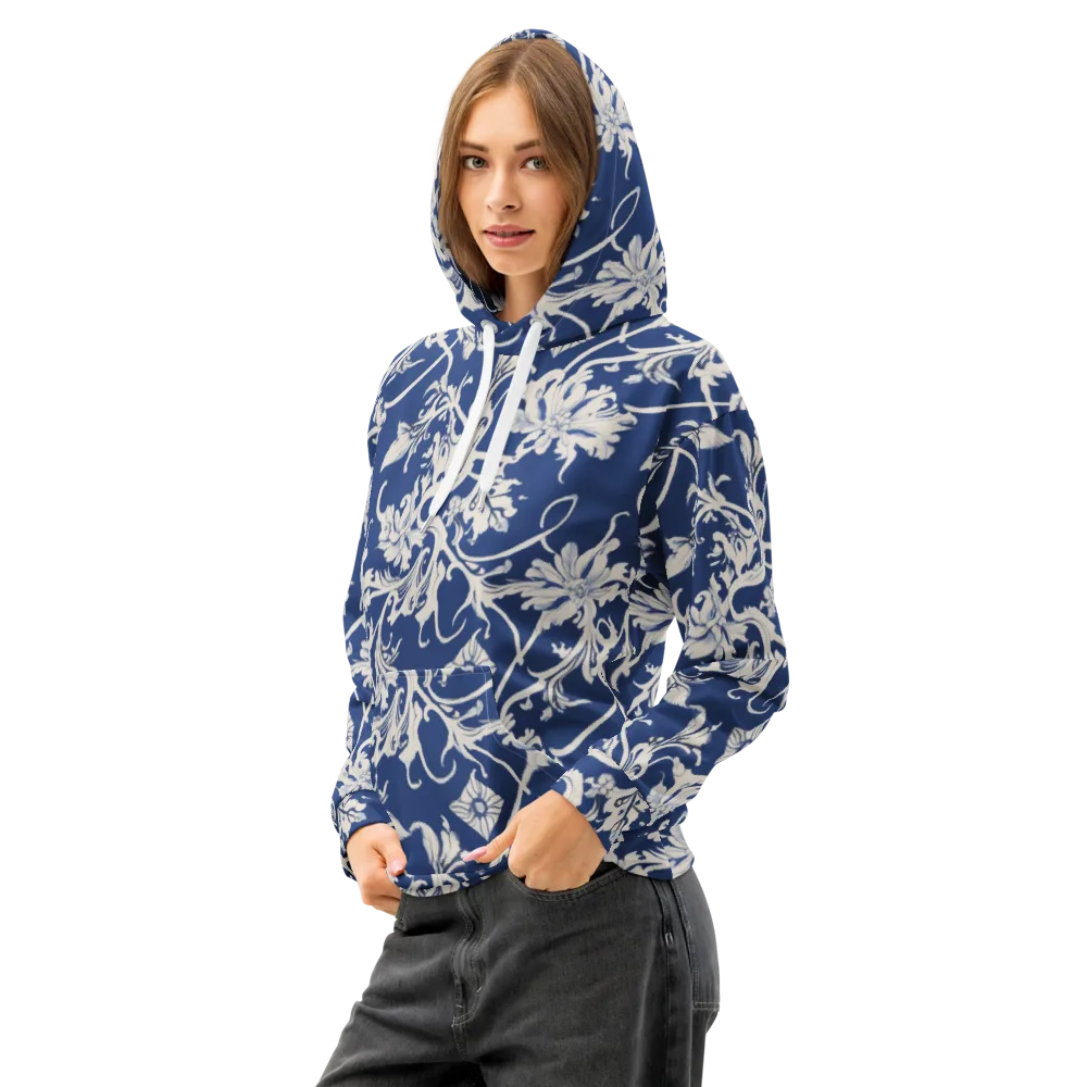 Blue Garden Scroll on Cotton Hoodie — Left Front