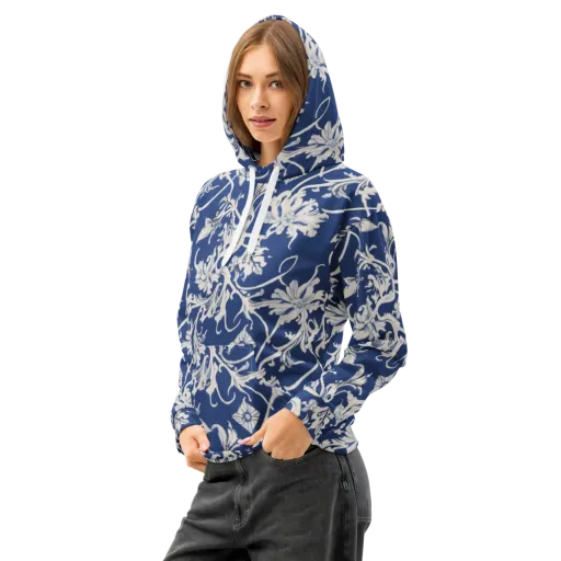 Blue Garden Scroll on a Cotton Hoodie