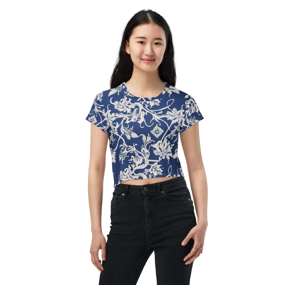 Blue Garden Scroll on Crop Tee — Front