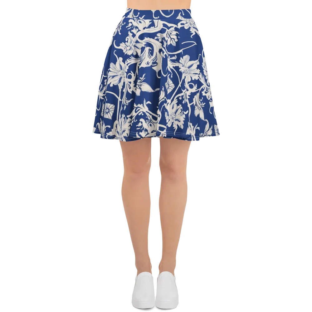 Blue Garden Scroll on Skater Skirt — Front