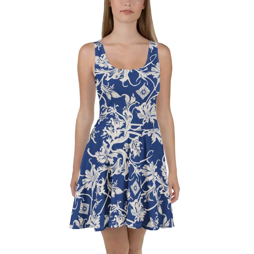 Blue Garden Scroll on Skater Dress — Front