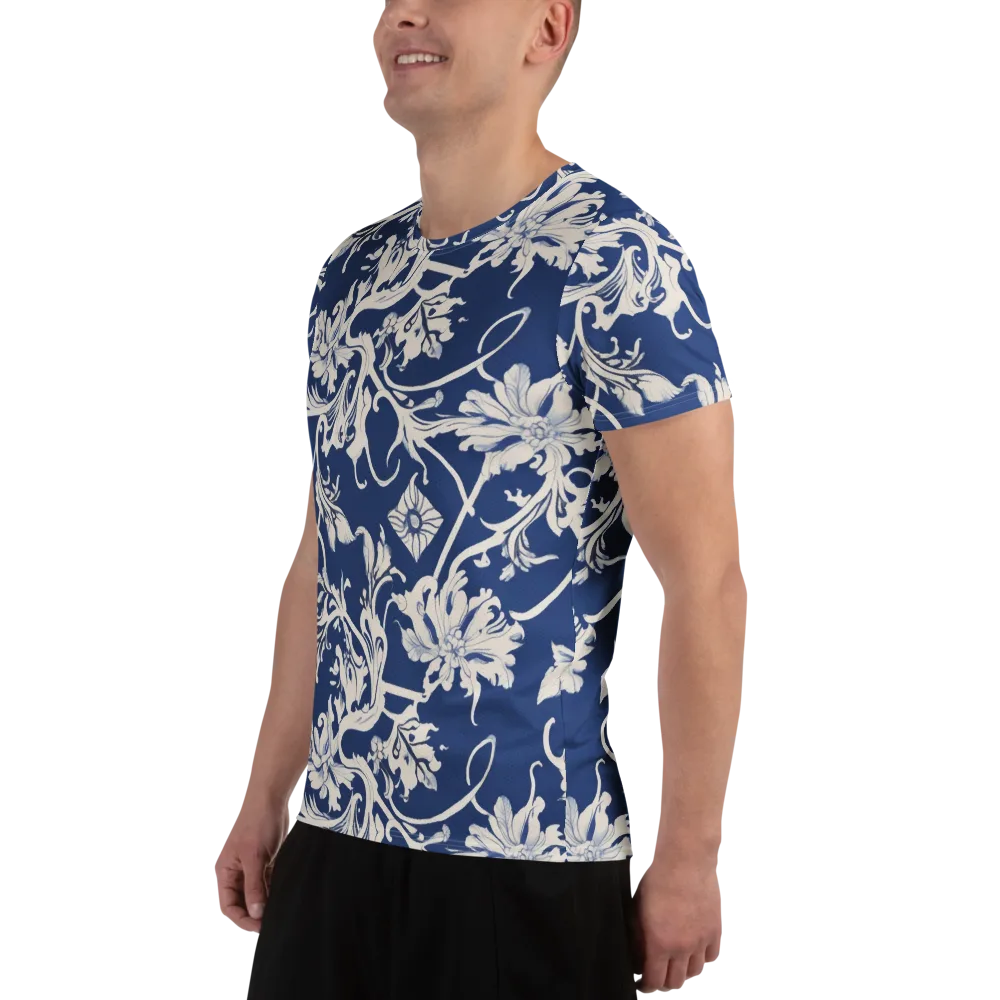 Blue Garden Scroll on Men's Athletic T-Shirt — Left